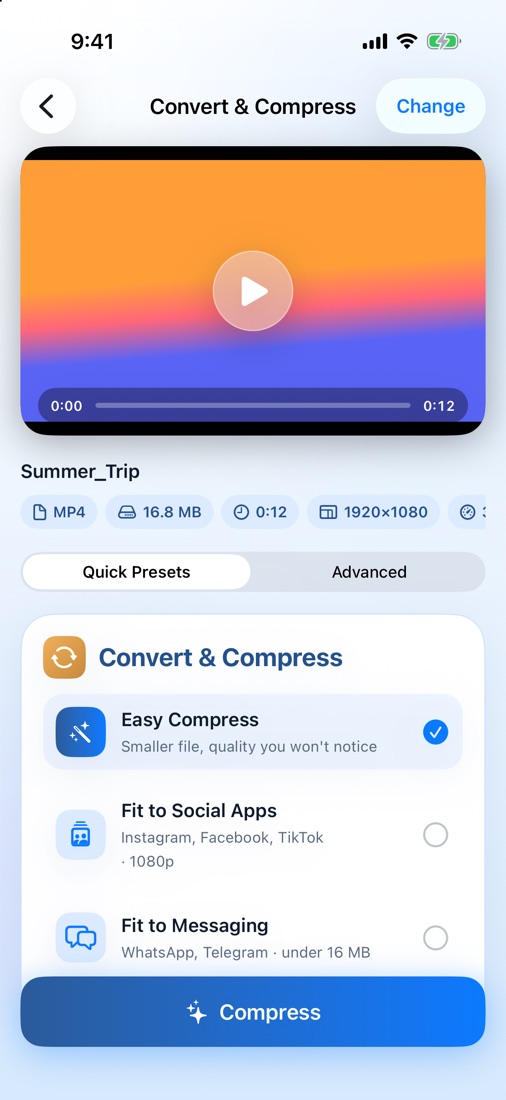 Convert & Compress screen with quick presets