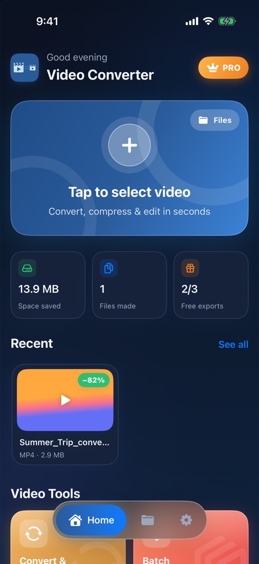 Home screen in dark mode
